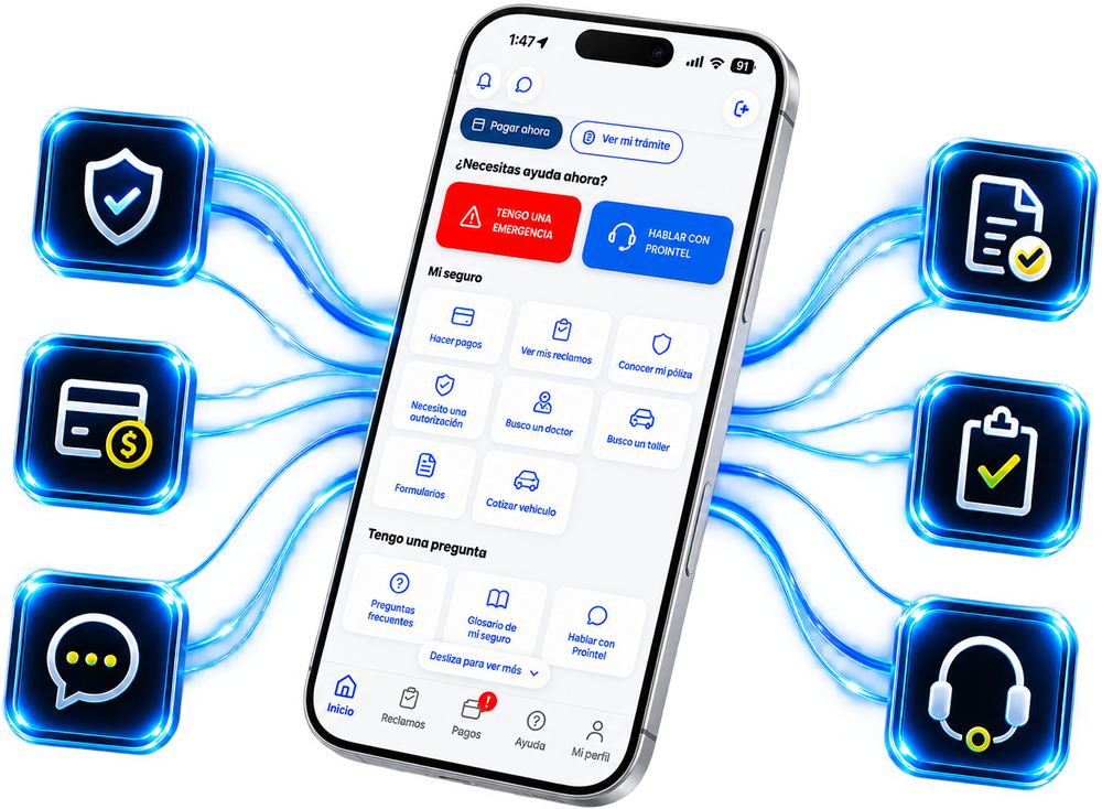 App Prointel: pantalla de inicio con pagos, reclamos, pólizas, autorizaciones y contacto con tu ejecutivo